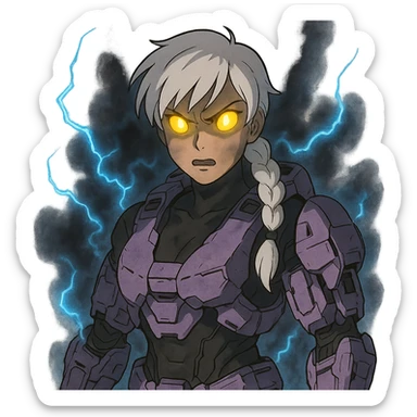 female, wearing reach spartan armor shoulder-unequip, long white braid hair with massive messy front side single bangs, gold yellow eyes, attention pose, D-cup size, HALO:series, no helmet, the armor is lavender color scheme, eyes glowing, demon eye, gleam, rage aura, body steaming dark gray, blue electricity sticker