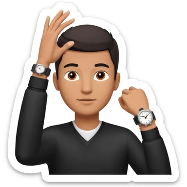 diverse man wearing a black strap watch on his wrist portrait, head and shoulders only, wrist raised slightly showing the watch clearly, modern style, 3D cartoon, mobile game icon style, clean background, no text, no watermark
 sticker