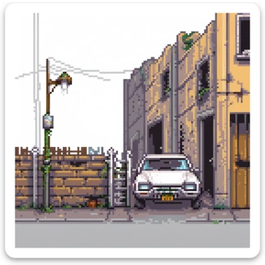 Pixel art back alley, graffiti walls, broken fence, flickering street light, abandoned car, urban decay, vertical composition, 9:16, Sega style 2D fighter background
 sticker