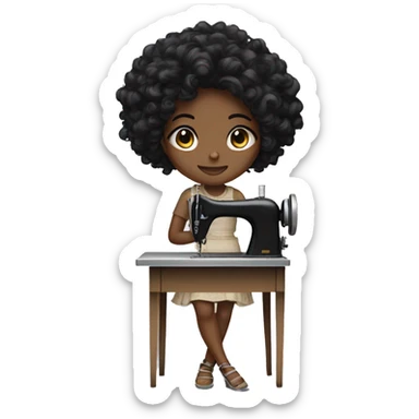 Black girl with curly black hair medium length with sewing machine  sticker