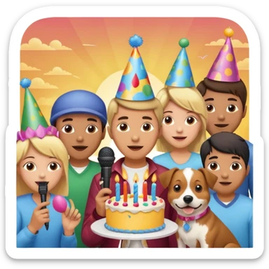 celebration birthday with a dog and watching sunset with many peoples with a birthday cake and mike a wish man peoples at home sticker