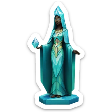 Sculpture oracle priestess with a geometric faceted design with disney features. Oracle of delphi is sparkling and standing upright on a base with angular and flower features. The vibrant blues neutrals and greens highlights the sharp edges and planes.  sticker