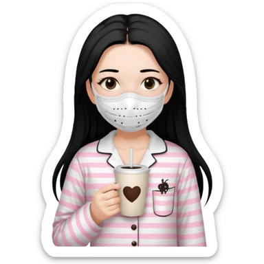 chica de pelo lacio color negro cabellera larga piyama blanca con rayas rosa claras peo no tan claras no oscuras el bordado es negro al igual que los botones )tiene una mascarilla para la carablanca y sostiene y cafe con bolitas nedras al dondo con unsorbete tranparente y es de test blanca  sticker