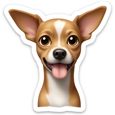 A dog, a mixture of Chihuahua and Toy Terrier, his body is brown, and his neck is white in front and around his nose. He doesn't have one ear sticker