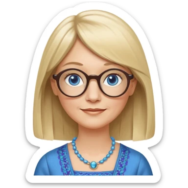 50 yr old white woman, hippie parted very long hair, short bangs, very long straight blond hair, oval face, small smile, blue eyes, thin face, hair downback, hair parted at center of head, round cheeks, pale, longer hair, business dress, long hair, big square glasses sticker