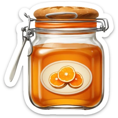 Hermès-style vintage bread with orange jam jar, elegant, glass jar with orange label, classic French breakfast, cute emoji style sticker