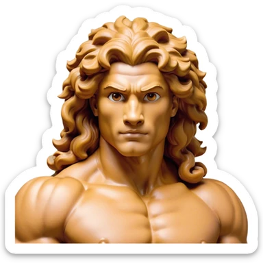 Cinematic Realistic Hercules Portrait, head tilted playfully and inquisitively, showcasing a blend of legendary power and youthful charm with the refined features of Michelangelo's David. His light tan, sculpted skin and thick, curly, golden brown hair—styled with wild majesty—evoke the spirit of the lion-wrestling Hercules. Clad in a softly draped white robe with subtle golden details and adorned with a Greek laurel wreath, his expressive eyes and warm smile capture an approachable yet formidable hero, bathed in gentle natural lighting. sticker