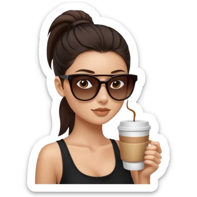 generate a pretty fair bratz girl with dark brown eyes, dark brown eyes tied into a slick back ponytail, thin brown sunglasses. Wearing a black cami top and drinking coffee, high cheekbones sticker