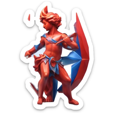A Sagittarius sculpture with a geometric, faceted design. The Sagittarius is standing upright with angular and baroque features. The vibrant red and blue flame colors highlights the sharp edges and planes. sticker