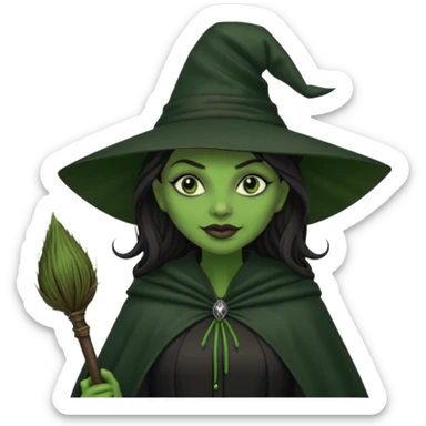 elphaba wicked witch with broom close up, evil dark coily long dark hair, green skin, thick green lips, cheekbones, smirk evil menacing cythia erivo dark aesthetic black hat cloak black broom sticker