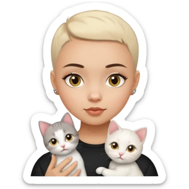 HAZEL EYES , BLACK BUZZ CUT LIGHT SKIN ROUND FACE GIRL with white kitten sticker