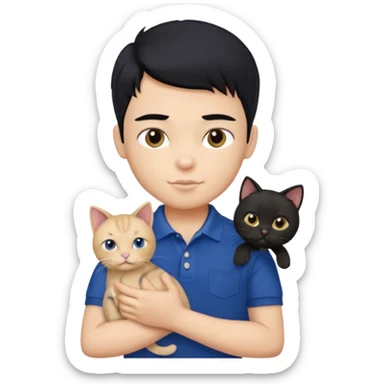 generate a pretty fair bratz boy with a messy mullet (black hair), wearing a dark blue polo.  holding a beige cat sticker