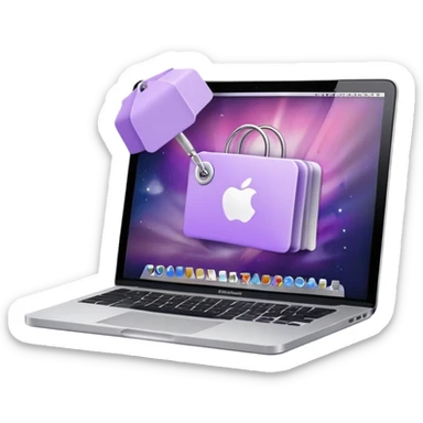 Discount tag with macbook ios light violet elements. sticker