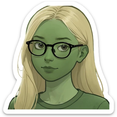 a girl with blue eyes, long blond hair, oversized glasses, bufo frog meme style sticker
