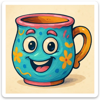 a whimsical pottery mug with a face, playful colors, cartoon style sticker
