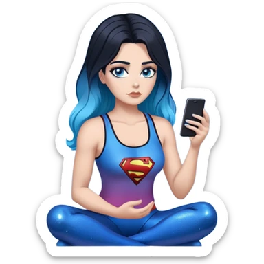 Thought bubble saying I'm sorry-Female-very very very large chest-texting on a samsung cell phone-very long straight black to sky blue hair ombre-blue eyes-black eyeliner-long eyelashes-iridescent tank top with glitter superman logo-leggings sticker