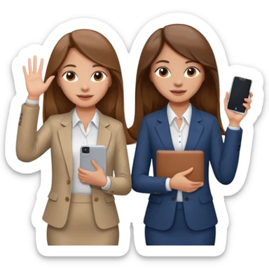 

two brown haired girls, looking professional maybe leaned on each others back and looking forward and waving with long hair and one girl can hold lap top another one can hold the phone, professional clothes, more stylish

 sticker