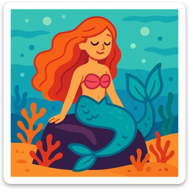 A serene mermaid sitting on a rock underwater, with flowing hair and shimmering tail sticker