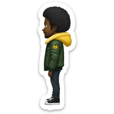 Side profile of a hip hop artist. His arm is pointing down. He's wearing a puffy dark green jacket. The jacket has a furry yellow collar.  sticker