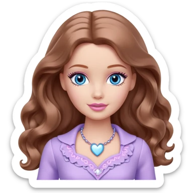 Barbie girl Chestnut long wavy hair and blue eyes is In pale purple clothes There are grey hearts all around sticker