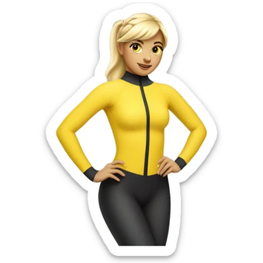 A hot and beautiful cartoon girl with blonde hair with straight bangs tied up with a pretty ponytail wearing a yellow long sleeved sleeves wetsuit sticker