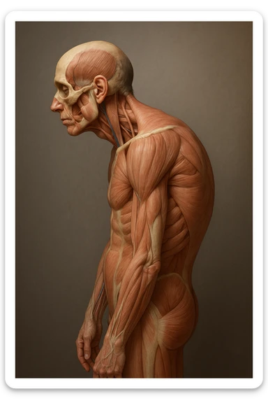 corpo UMANO ANATOMICO di profilo con spalle chiuse in avanti, postura errata, iperrealistico 4k sticker
