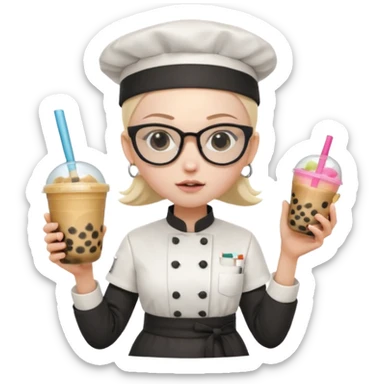 A Angry Teen Female with Pale skin and Bald, wearing a Uniform outfit, a Chef hat, Sunglasses, carrying a Wand, working as a scientist, while drinking Bubble tea and reading a Book.
 sticker