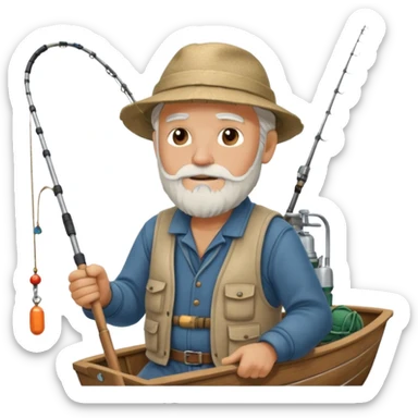 an old white haired, bearded man in fisherman attire, sat in a big boat on the ocean, holding one fishing rod in one hand, with the end of the fishing line touching the water sticker