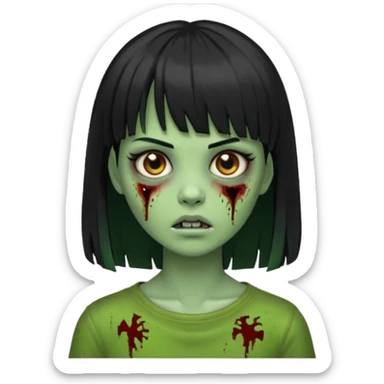 Emoji de uma garota zumbi com os cabelos longos, lisos e pretos. Ela usa uma franja curta. Pele verde  sticker