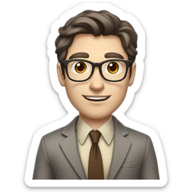 Pale skinned fit man with dark brown hair in gray jacket, beige office shirt, brown tie, brown pants and vintage glasses Writing on the flipchart sticker