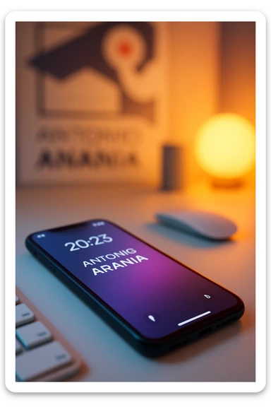 A photo of an iPhone on the desk with the message "Antonio Anania" on its screen, The phone sits atop a desk with a blurred with the logo in the background that suggests work environment. A faint glow from above casts gentle shadows across the surface of each object, creating depth and highlighting their textures sticker