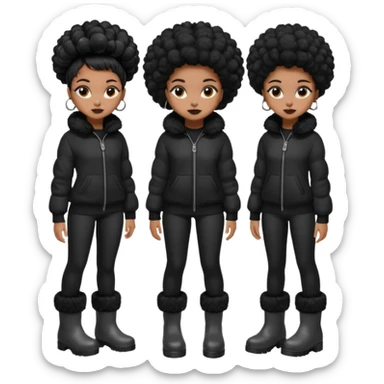 A brown skin girl that has a slim and thick body with black hair into two Afro puffs   and wears all black outfit with grey furry boots  sticker