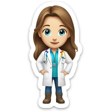 White young girl with long brown hair and blue eyes wearing a rainbow pharmacist coat sticker
