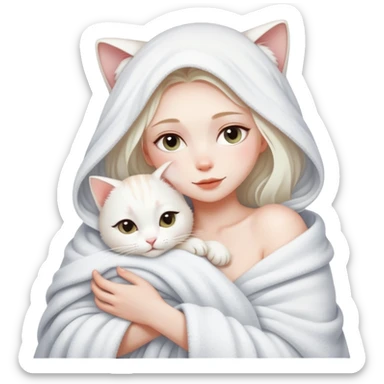 A beautiful woman wrapped in a blanket after taking a bath hugs a white cat sticker
