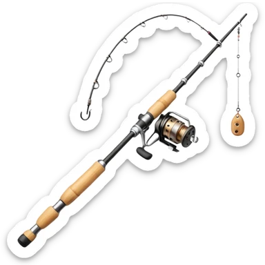 Genmoji-style bamboo fishing rod emoji, simple beginner rod, smooth rounded shapes, soft gradients, small reel, exactly one fishing line hanging from the tip, 3/4 angle, clean silhouette, no hook, no text, transparent background sticker