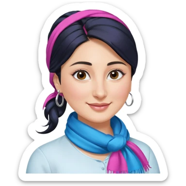 generate a pretty bratz emoji 
Make her wear a white shirt with a colorful blue-pink scarf wrapped around her neck. smiling big. Black hair tied into a side part ponytail, silver hoops and no necklace

She should look exactly  like Kareena Kapoor. kohl under eyes sticker