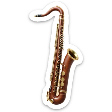 Create a detailed and elegant emoji representing a bassoon. The design should showcase the long, slender wooden body of the bassoon with its distinct curves and metal fittings. Highlight the keywork and metal rings around the joints, with subtle light reflections on the wood to give it a polished appearance. The top of the bassoon should have the characteristic metal bell, and the reed should be clearly visible at the mouthpiece. Use warm wood tones like deep brown and mahogany for the body, with silver or brass accents for the metal parts. Add soft musical notes or soundwaves around the instrument to evoke its rich, deep sound. The background should be transparent. sticker