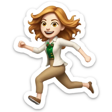 Emma Stone running, with a large stride and arms outstretched, with long golden brown hair, wearing an Christmas outfit sticker