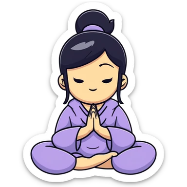 White girl with black hair in meditation pose, peaceful self care wellness moment sticker