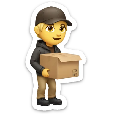 Blonde delivery man, full body, light skin tone, wearing dark brown cap and jacket, UPS delivery company loading a package without background sticker