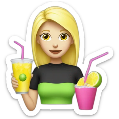 crazy blonde girl straw drinking pink lemonade with one green lemon in the cup, with black watch black tshirt sticker