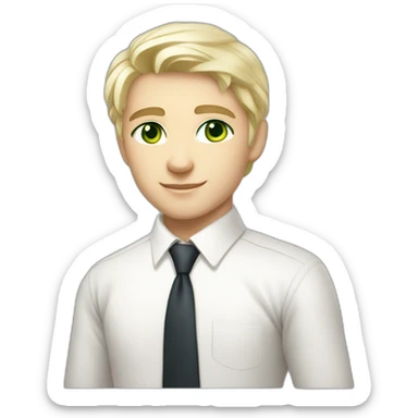 handsome blonde russian boy green eyed with white skin middle hair wearing white shirt with a tie sticker