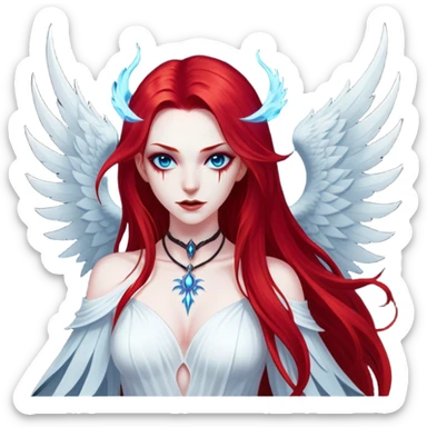 full body portrait of an extremely diabolical girl with pale white skin, massive towering wings, very long flowing blood red hair, glowing blue eyes, black hellfire aura, no horns, evil grin, no necklace sticker