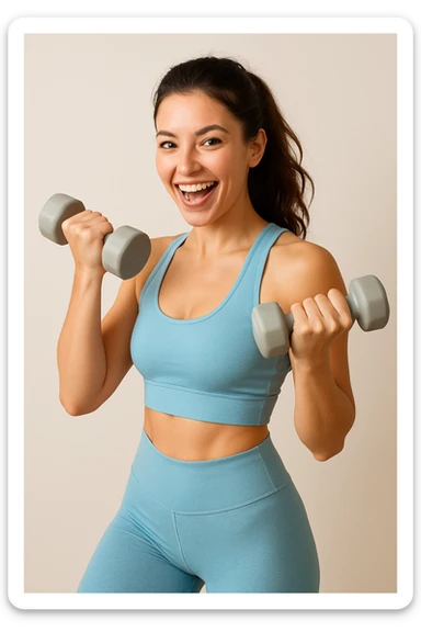 brunette girl lifting weights, wearing light blue athletic outfit, energetic and confident, simple background sticker