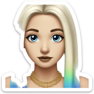 Hyperrealistic white girl with blue eyes and long black hair with rainbow fringe. Wearing gold chain necklace has dark eye makeup on her eyes sticker