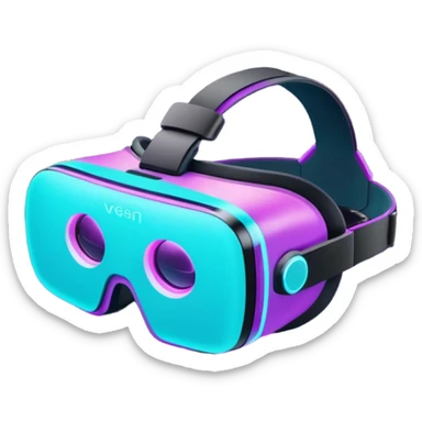 Futuristic glowing neon VR headset emoji, purple and cyan light, dark background, digital tech style sticker