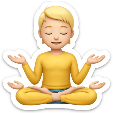 A 3D Apple-style yellow round emoji sitting in a lotus position, eyes gently closed, calm and peaceful smile, hands resting on knees with palms facing upward, relaxed eyebrows, soft glow around the emoji to symbolize inner peace, clean minimal background. sticker