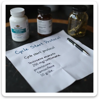Gym desk with cycle start protocol written on a sheet, next to supplements and a pen. The sheet reads: 'Ciclo base: testosterone enantato 250 mg/settimana, 8 settimane, protezione: tamoxifene 10 mg/die.' Hyperrealistic 4K details. sticker