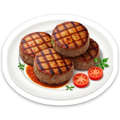 Cinematic Realistic image of Turkish Köfte, presented as perfectly formed, spiced meat patties with detailed textures and subtle grill marks, arranged artfully on a simple plate and illuminated by warm, appetizing lighting that accentuates their savory appeal. sticker