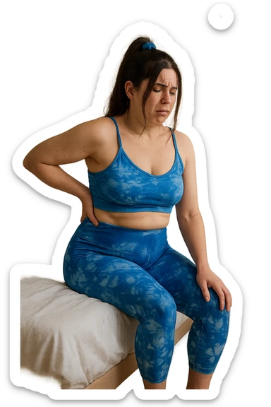 a woman in her 30s sits on the edge of her bed in the morning, holding her lower back with a pained expression. Subtle visual cues, like uneven shoulders or hips, hint at postural asymmetry. The room is softly lit, and a calendar on the wall shows months crossed off, symbolizing chronic pain over the years. sticker